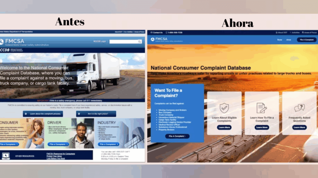 Vista del antes y del después del sitio de la FMCSA