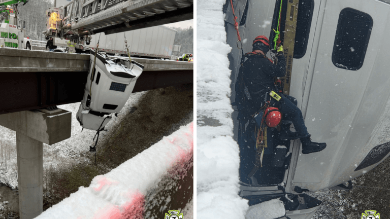 Camionero es rescatado tras quedar colgando cinco horas de un puente Camionero es rescatado tras quedar colgando de un puente en West Virginia