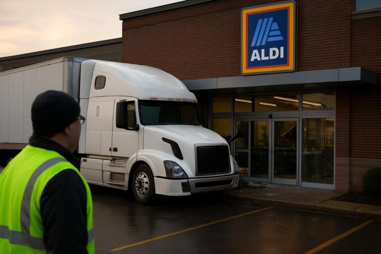 Camión de carga choca contra la puerta principal de un supermercado Aldi en Nashville Imagen editorial:Camión de carga choca contra la puerta principal de un supermercado Aldi en Nashville